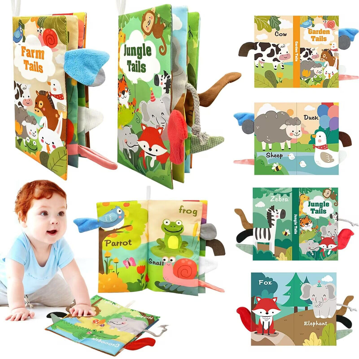 FALUCKYY 2 PCS Baby Books 0-6 Months3D Animal Tails Baby Soft Cloth BookHigh Contrast Sensory Books for BabiesWashable Baby Books Crinkle Cloth Books with Squeaker Newborn Books Baby Toys Xmas Gift